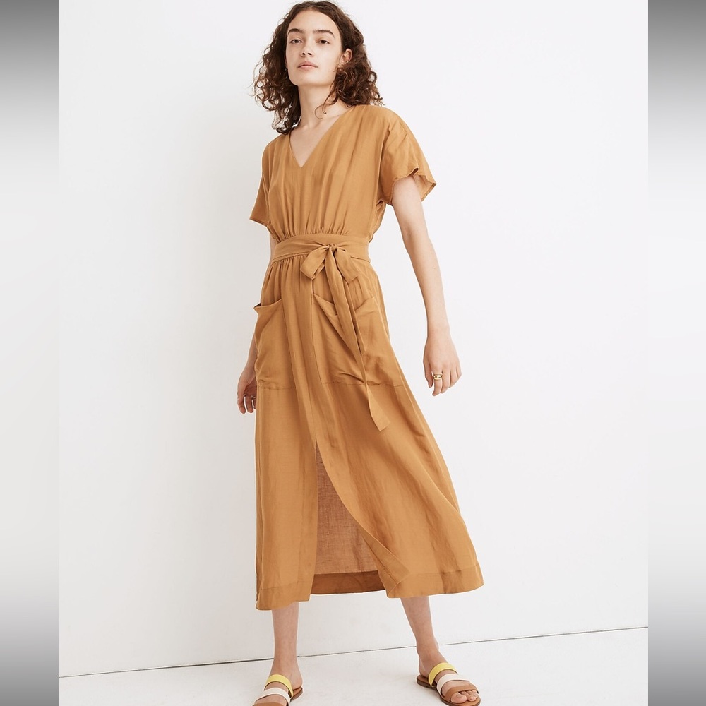 MADEWELL Linen-Blend Dolman-Sleeve Tie-Waist Midi Dress, S10